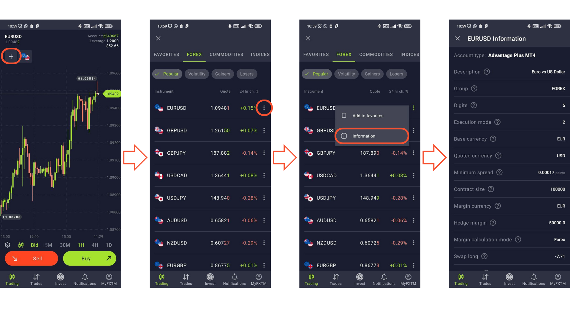 open contract specifications in FXTM Trader app
