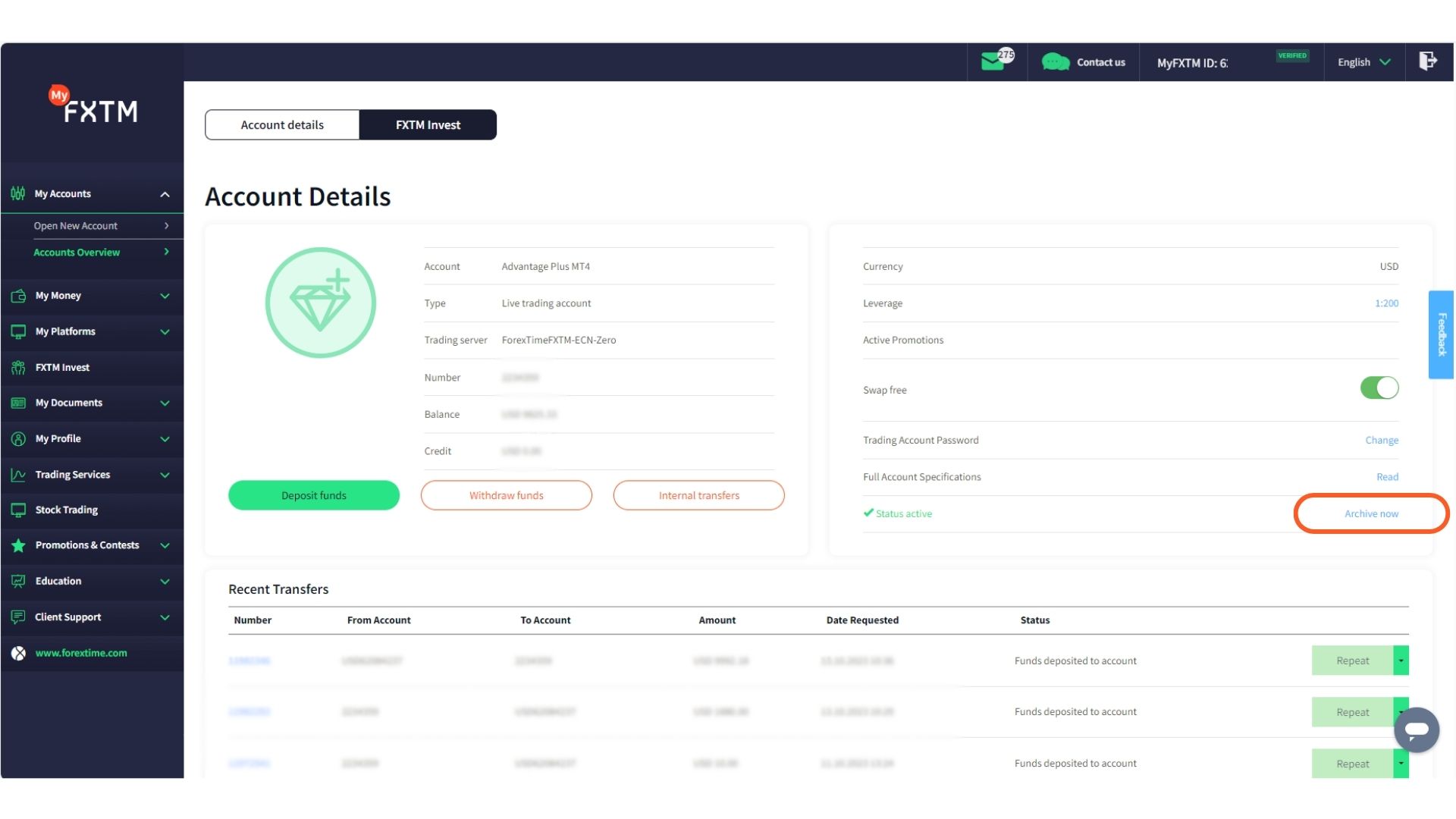 MyFXTM Dashboard archive live account
