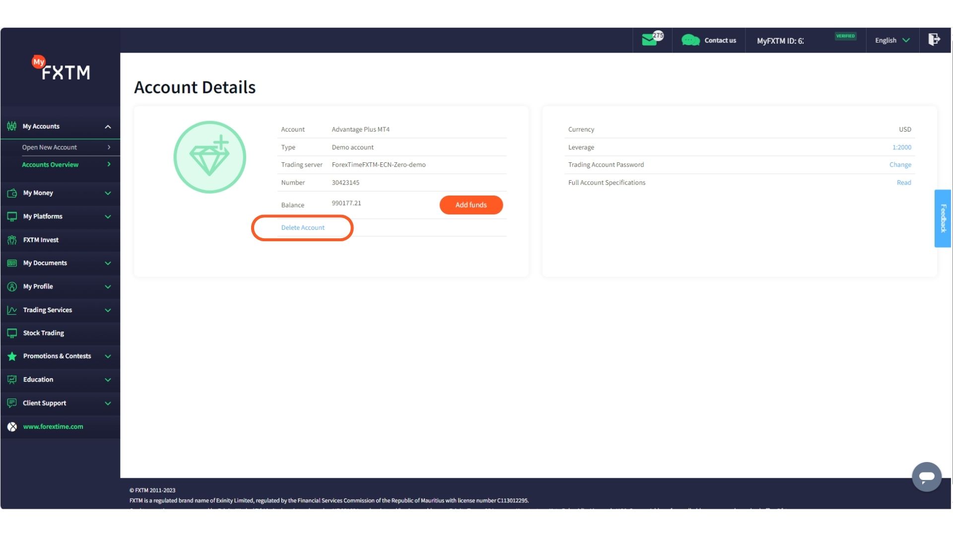 MyFXTM Dashboard delete demo account