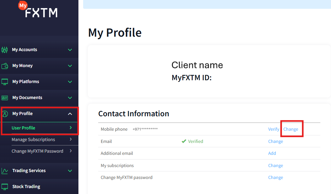 client will need to go to user profile to change phone number